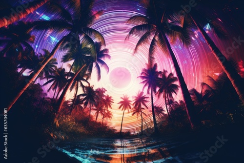A neon spiral, radiating an intense glow, is enveloped by an artful array of palm trees, all rendered in a unique digital art style. 