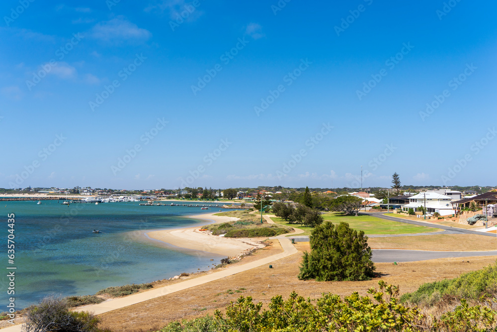 View of Port Denison from the Fishermen's Memorial Lookout and Obelisk. Western Australia.
