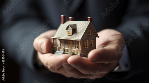 Businessman's hand holding a small house model 