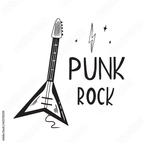 Poster with an electric guitar and the inscription Punk Rock. Vector illustration in doodle style for your design