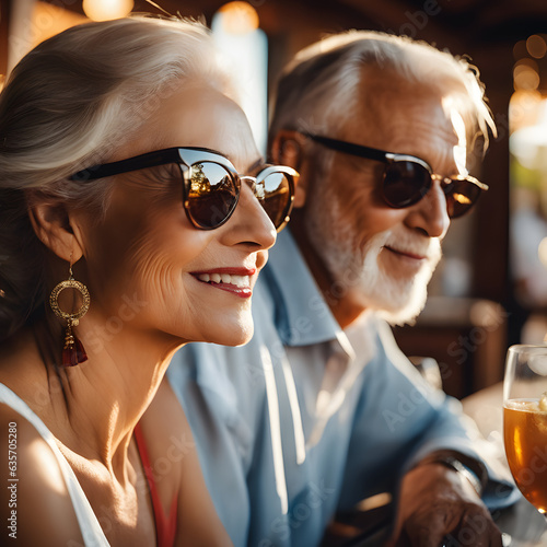 Beautiful senior couple with sunglasses .