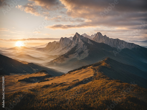 Mountain sunrise: Peaks kissed by dawn's light, valleys bathed in golden hues. A breathtaking moment of nature's artistry.