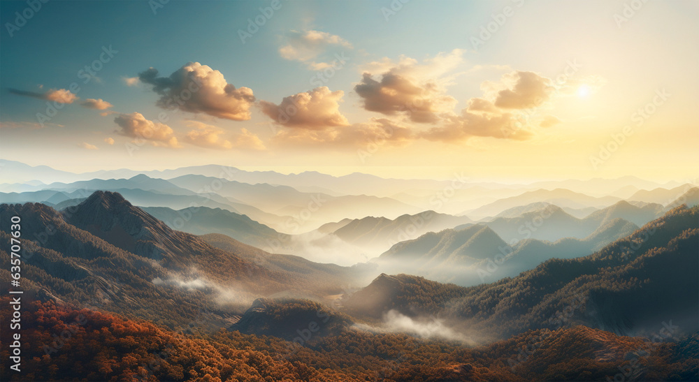 Beautiful autumn landscape of mountains and fog in the morning