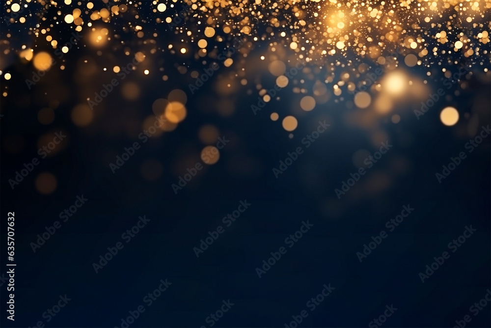 Background of abstract glitter lights in gold on black background. Copy space