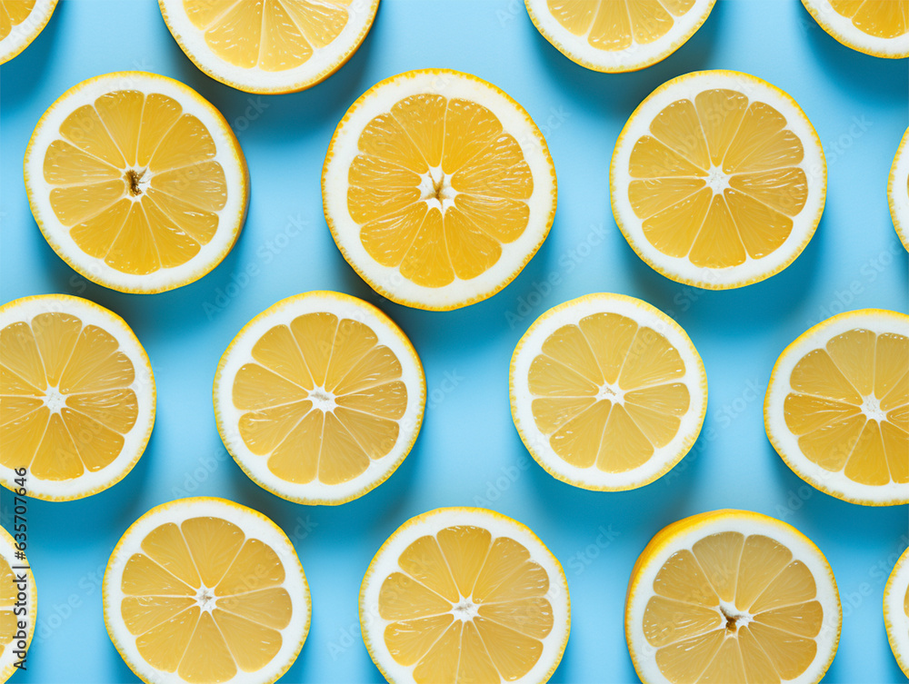 Lemon cut into slices on blue background, top view