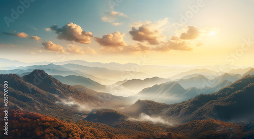 Beautiful autumn landscape of mountains and fog in the morning © sinseeho