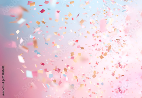 Colorful confetti falling on light blue and pink background. Party or holiday concept