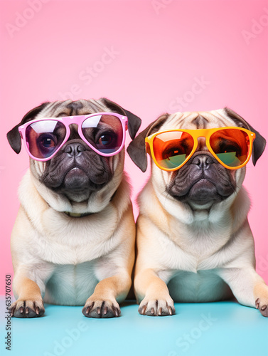 Two cute pug dogs wearing colorful sunglasses, looking at the camera
