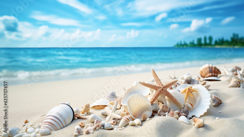 Seas shells, starfish lying on white sand beach with ocean background. Copy space