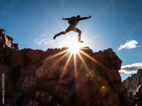 Man jumping on top of mountain during sunrise.