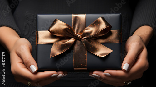 Woman in a black shirt holds a gift with a gold ribbon, black gift box in hand, Black Friday concept