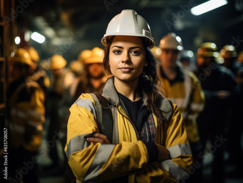 Group of workers led by women wearing project clothes and hard hat in a project