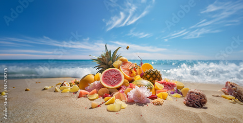 photo of Sunny beach with fruits. Generative Ai content
