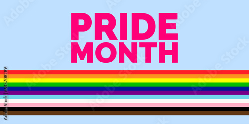 Happy Pride Month Banner. Pride Month text with LGBTQIA+ Flag Background