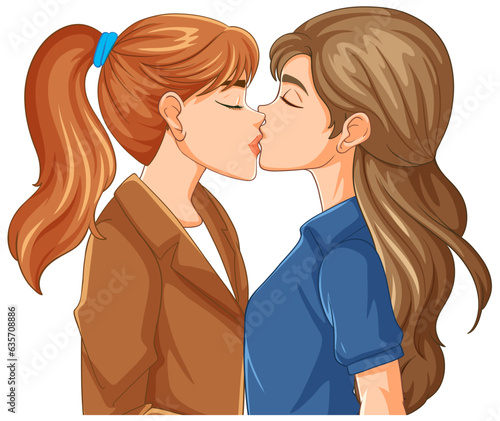 Lesbian couple kissing cartoon isolated