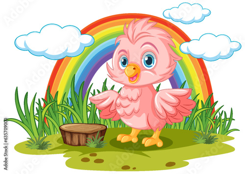 Baby Bird in Cartoon Style with Rainbow in the Sky