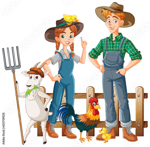 Farming couple cartoon with farm animal