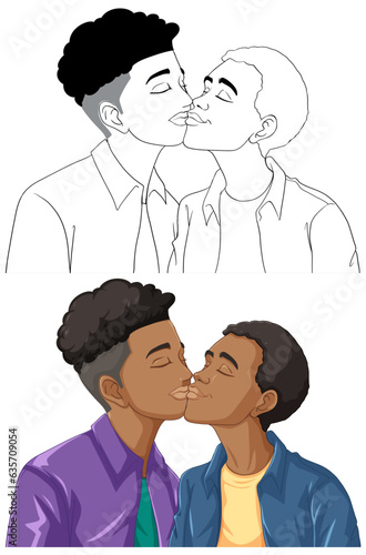 African gay couple cartoon kissing doodle outline