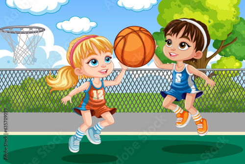 Two Girls Playing Basketball