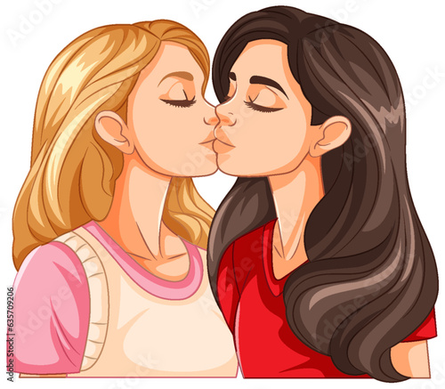 Lesbian couple kissing cartoon isolated