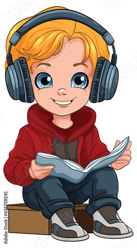Boy reading a book and wearing headset