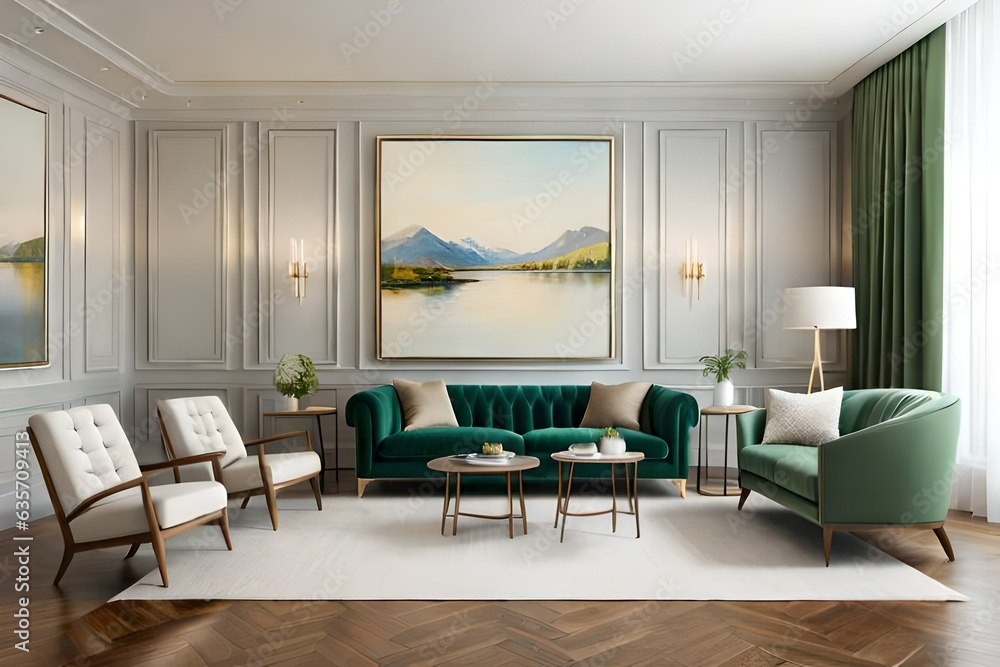 Fototapeta premium Beautiful Interior of modern living room with beige walls, big windows green sofa and beige armchairs. Design of living room in pastel colors