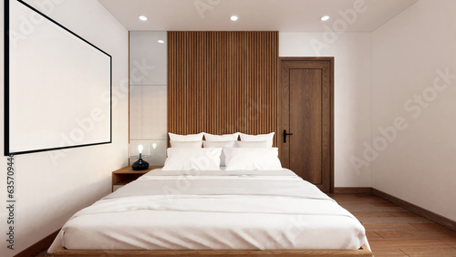 bedroom cozy home interior vintage style, bed headboard floor laminated wood. and wooden slat wall background. empty room 3D rendering.