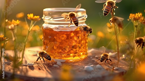 Bees flying around jar of honey with nature background