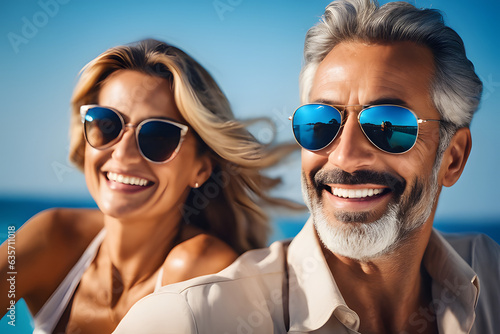 Happy couple on tropical beach at summer vacation. Man and woman in sunglasses