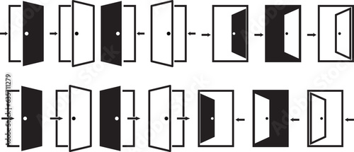 Door icon set. Open the door icon. Door front vector icon. Vector illustration