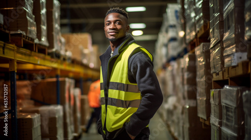 worker in a warehouse, an African man in his, export-import concept editorial working, active, moving boxes