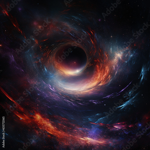 Black hole with a glowing constellation of various colors revolves around a black hole in the universe 