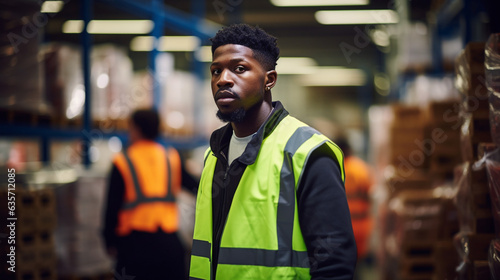 warehouse worker smiling, wearing a yellow vest and remotely controlling his work

