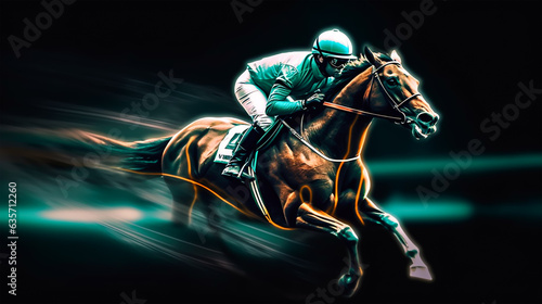 Jockey riding a horse in a race on a dark background.