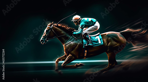 Jockey riding a horse in a race on a dark background.