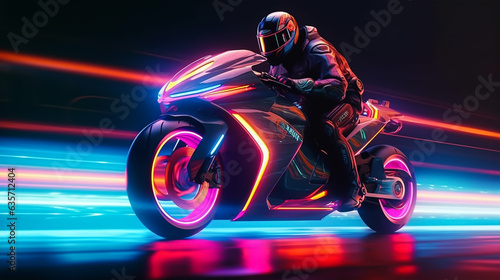 Motorcycle rider riding on the road at night with colorful neon light