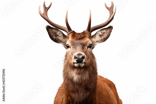 Red Deer isolated on a white background close-up portrait. Studio animal photography.
