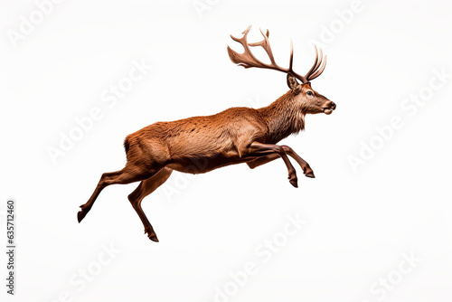 Red Deer isolated on a white background jumping. Animal right side view portrait.