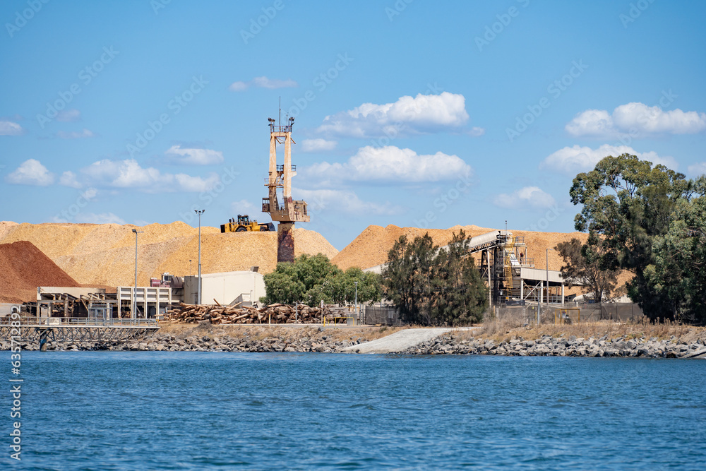 Woodchip piles at Bunbury Port, Western Australia.
