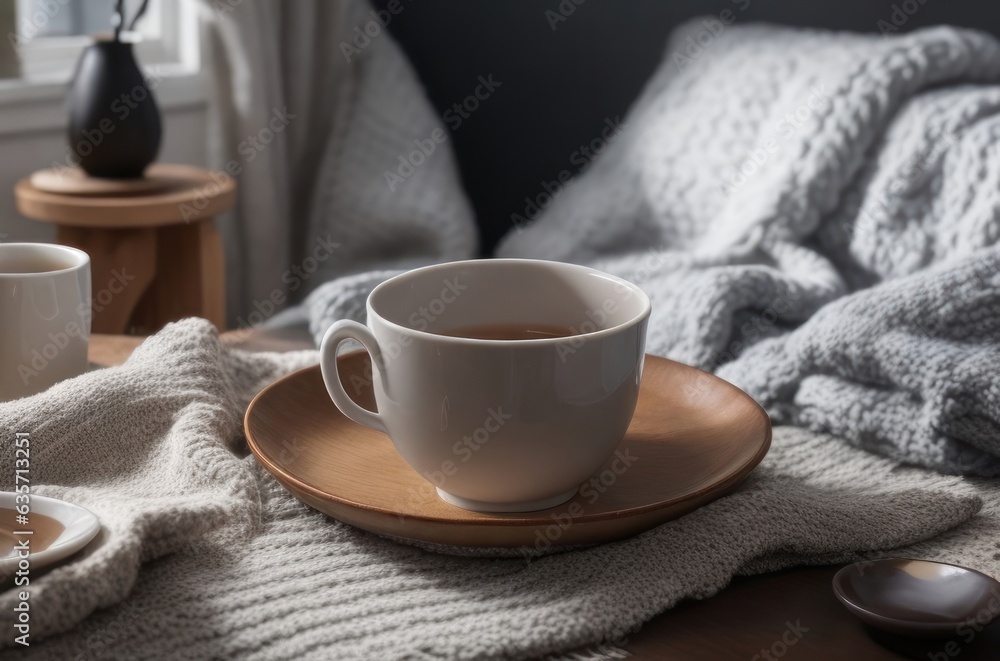 Illustration A cup of hot tea on the table inside the room with a winter atmosphere.generative AI