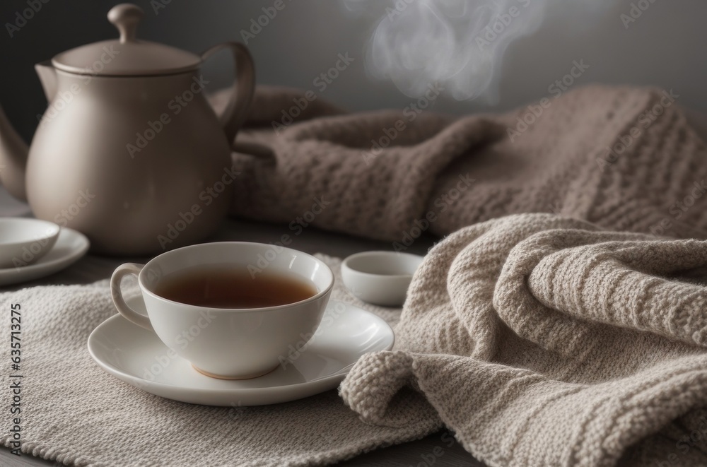 Illustration A cup of hot tea on the table inside the room with a winter atmosphere.generative AI Illustration A cup of hot tea on the table inside the room with a winter atmosphere.generative AI