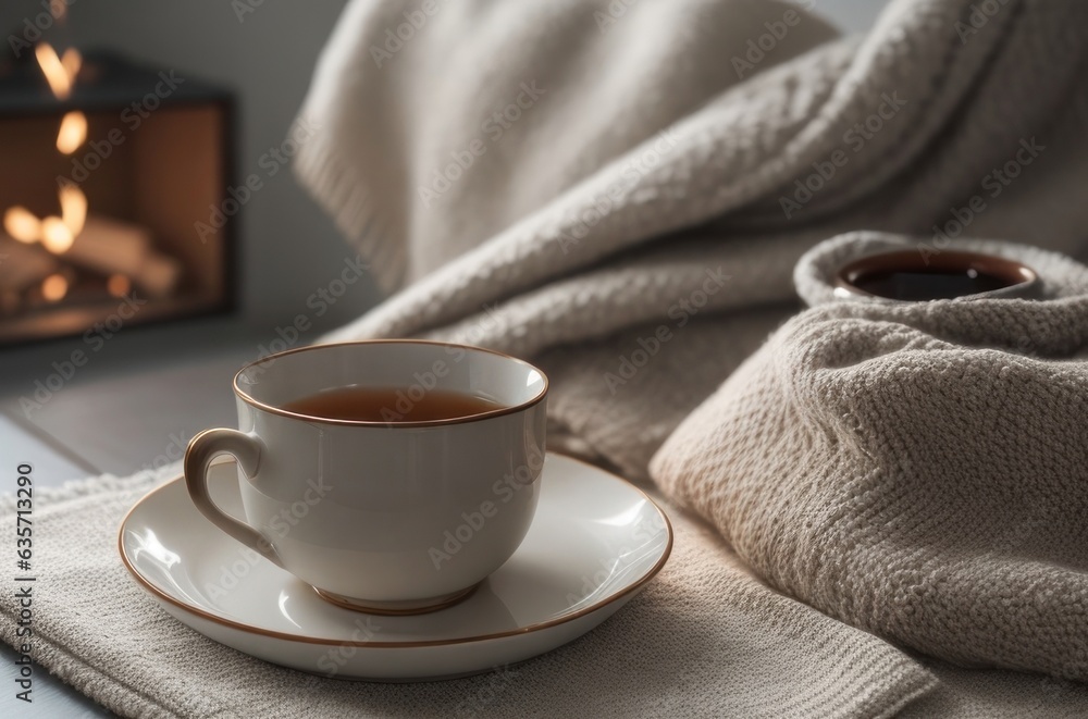 Illustration A cup of hot tea on the table inside the room with a winter atmosphere.generative AI Illustration A cup of hot tea on the table inside the room with a winter atmosphere.generative AI