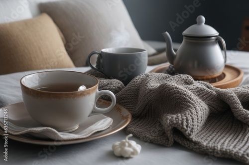 Illustration A cup of hot tea on the table inside the room with a winter atmosphere.generative AI