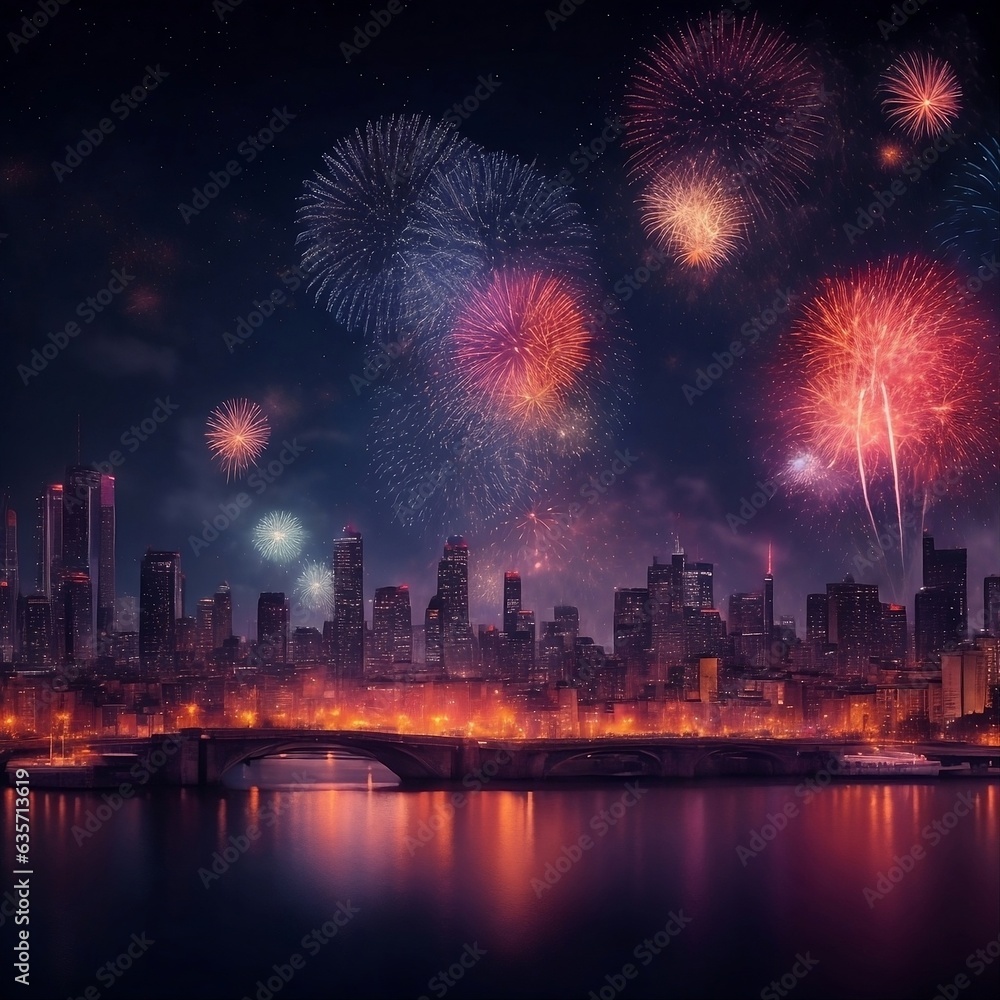 New year celebration on city with fireworks and lights