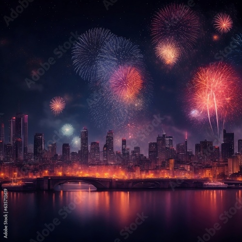 New year celebration on city with fireworks and lights