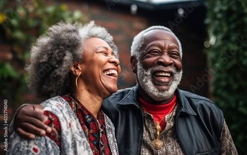 Black african american dark-skinned happy smiling active senior couple, retired husband and wife having fun outdoors