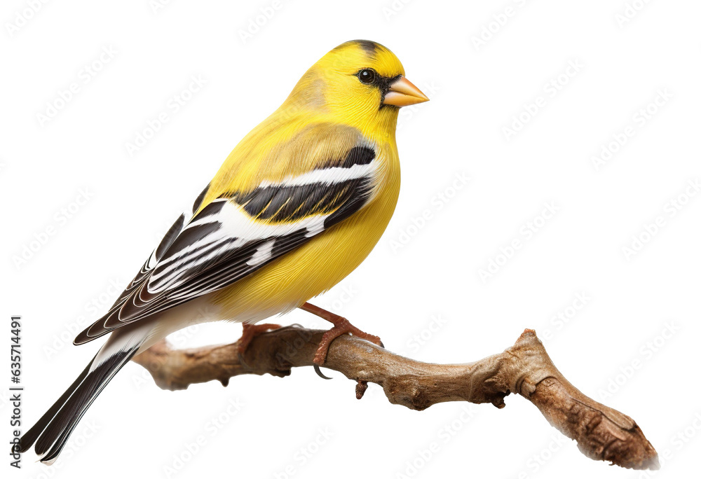 Obraz premium A yellow American Goldfinch perched on a thin branch on a transparent background