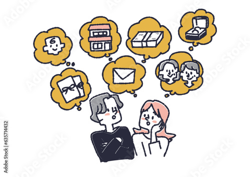 結婚するときに考えることがたくさんある様子のイラストセット