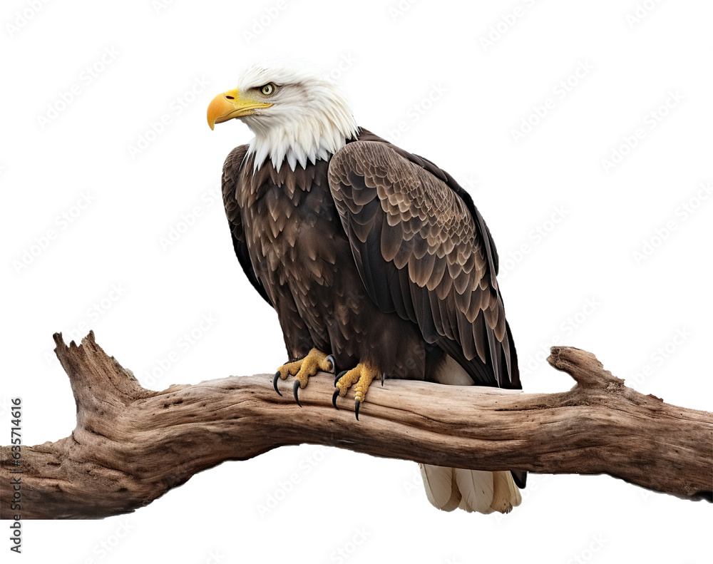 A Bald Eagle bird perched on a transverse branch with a transparent background A Bald Eagle bird perched on a transverse branch with a transparent background
