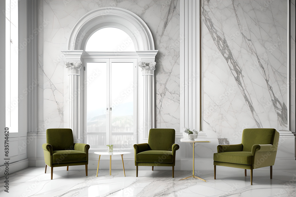 Interior with armchair and a table on a background of a marble wall. Luxury hotel with arch Interior with armchair and a table on a background of a marble wall. Luxury hotel with arch
